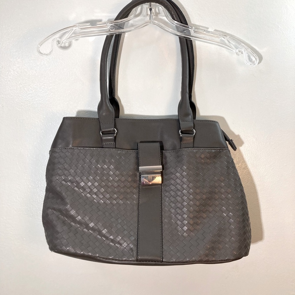 Gray Basketweave Purse Handbag with Handles and Zip Closure